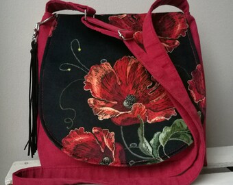 Red bag with poppies, Floral messenger bag, Vegan crossbody bag, Medium sized bag, Unique clothing accessory,  Boho bag, Sling crossbody bag