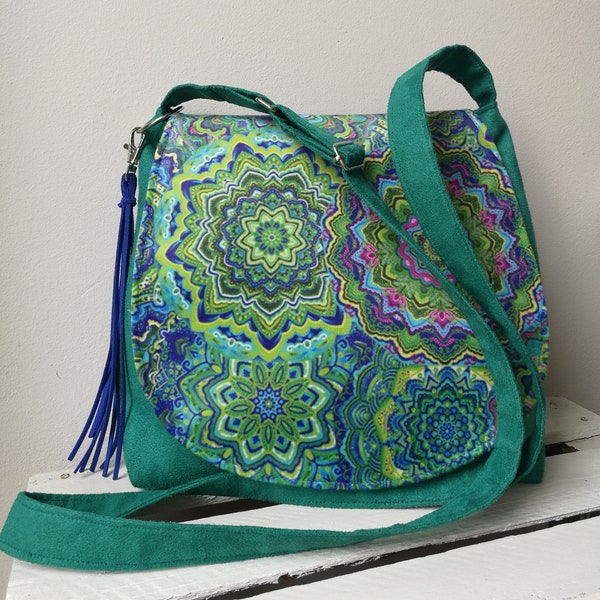 Green mandala bag, hippie bag, boho bag, vegan bag, medium sized bag, festival bag, boho chic, crossbody bag, original clothing accessory