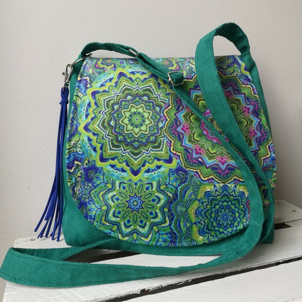 Green mandala bag, hippie bag, boho messenger bag, vegan crossbody bag, medium sized bag, festival bag, boho chic bag, sling crossbody bag