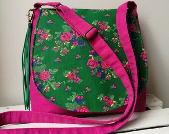 Pink and green messenger bag, Folk art bag, Flowers bag, Vegan crossbody bag, Medium sized bag, Tassel bag, Polish folk, Highlander pattern