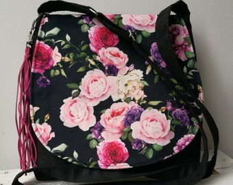 Black bag with roses, floral purse, vegan crossbody bag, medium sized bag, tassel bag, flower bag, sling crossbody bag, floral print