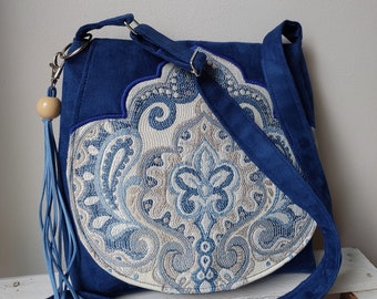 Blue Tapestry Crossbody Bag, Vegan Suede Boho Purse