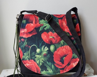 Handmade Poppy Print Crossbody Bag: Vegan Suede Floral Purse