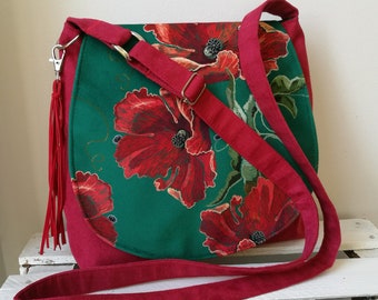 Red messenger bag with poppies, vegan crossbody bag, medium sized bag, tassel bag, boho bag, floral purse, gift for her, colored bag