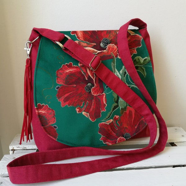 Red messenger bag with poppies, vegan crossbody bag, medium sized bag, tassel bag, boho bag, floral purse, gift for her, colored bag