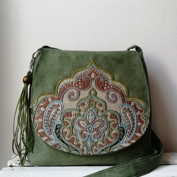 Green messenger bag Green oriental bag Oriental purse Boho crossbody bag Vegan bag Medium sized bag Sling boho bag  Hippie bag Evening bag