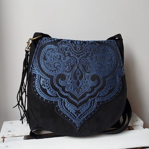 Sac à bandoulière noir, sac à main de style oriental, sac de taille moyenne, accessoire vestimentaire unique, bohème chic, sac besace végétalien, cadeau pour femme