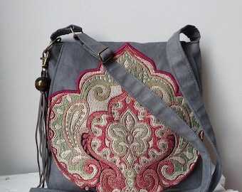 Gray oriental handbag, Vegan messenger bag, Medium sized bag, Oriental purse, Festival bag, Unique clothing accessory ,Gift idea, Vegan bag
