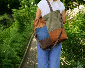Large patchwork tote, Weekender bag for women, Traveler gift idea, Minimalist casual accessory
