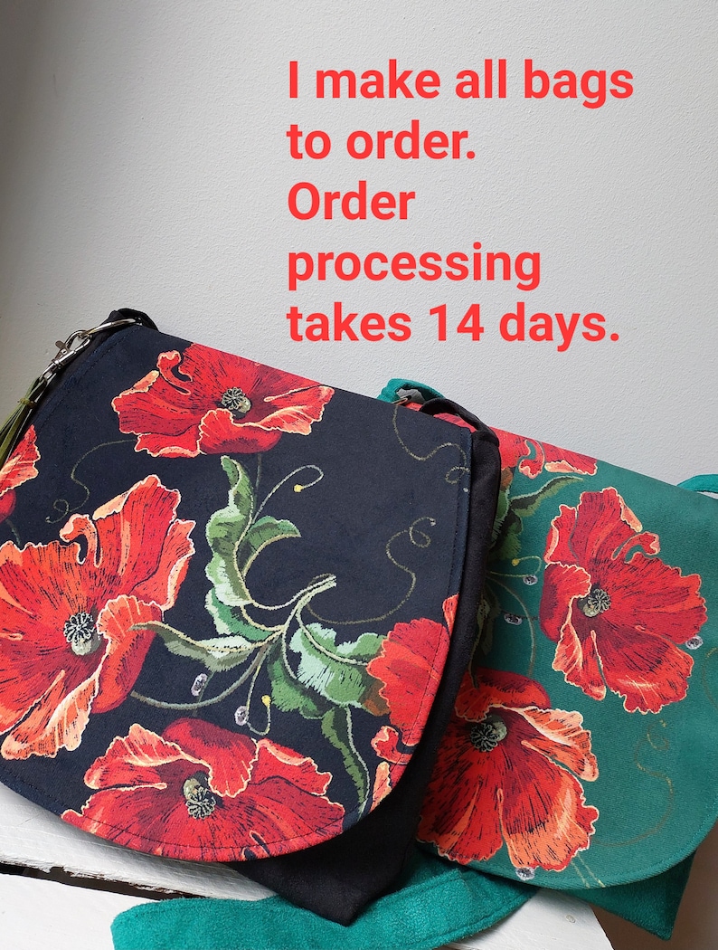 May include: Two fabric handbags with poppy flower patterns. One bag is black with red poppies and the other is teal with red poppies. The text "I make all bags to order. Order processing takes 14 days." is displayed above the bags.