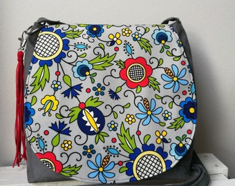 Gray handbag with a folk motif, Vegan messenger bag, Polish folk art, Boho crossbody bag, Medium sized bag, Ethnic bag, Folk pattern bag