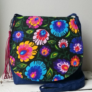 Folk art bag, Navy blue handbag, Colored messenger bag, Polish folk art, Vegan crossbody bag, Medium sized bag, Boho bag, Folk pattern bag