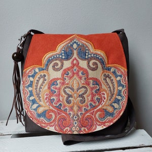 Sac besace orange et marron Sac bohème Sac bandoulière végétalien Sac oriental Sac de taille moyenne Sac à main oriental Sac de soirée Sac unique Cadeau pour elle