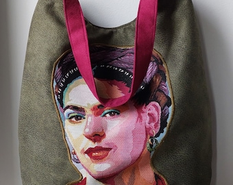 Frida Inspired Bag,Fridalovers Fashion, Frida Kahlo Gobelin Shoulder Bag,Large Shoulder Bag, Tapestry Bag,Womens Bag, Boho Bag, Green Bag