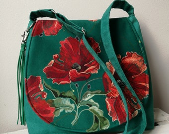 Green bag with poppies, Floral messenger bag, Vegan purse, Medium sized bag, Tassel bag, Unique gift, Sling crossbody bag, Gift idea