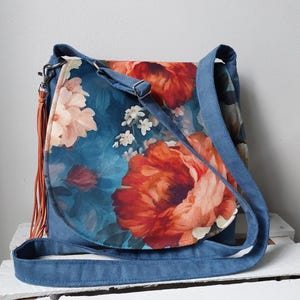 Sac à fleurs bleu, sac à main de taille moyenne, sac à bandoulière unique, cadeau pour femme, sac respectueux de l'environnement, style bohème, accessoire vestimentaire original, végétalien
