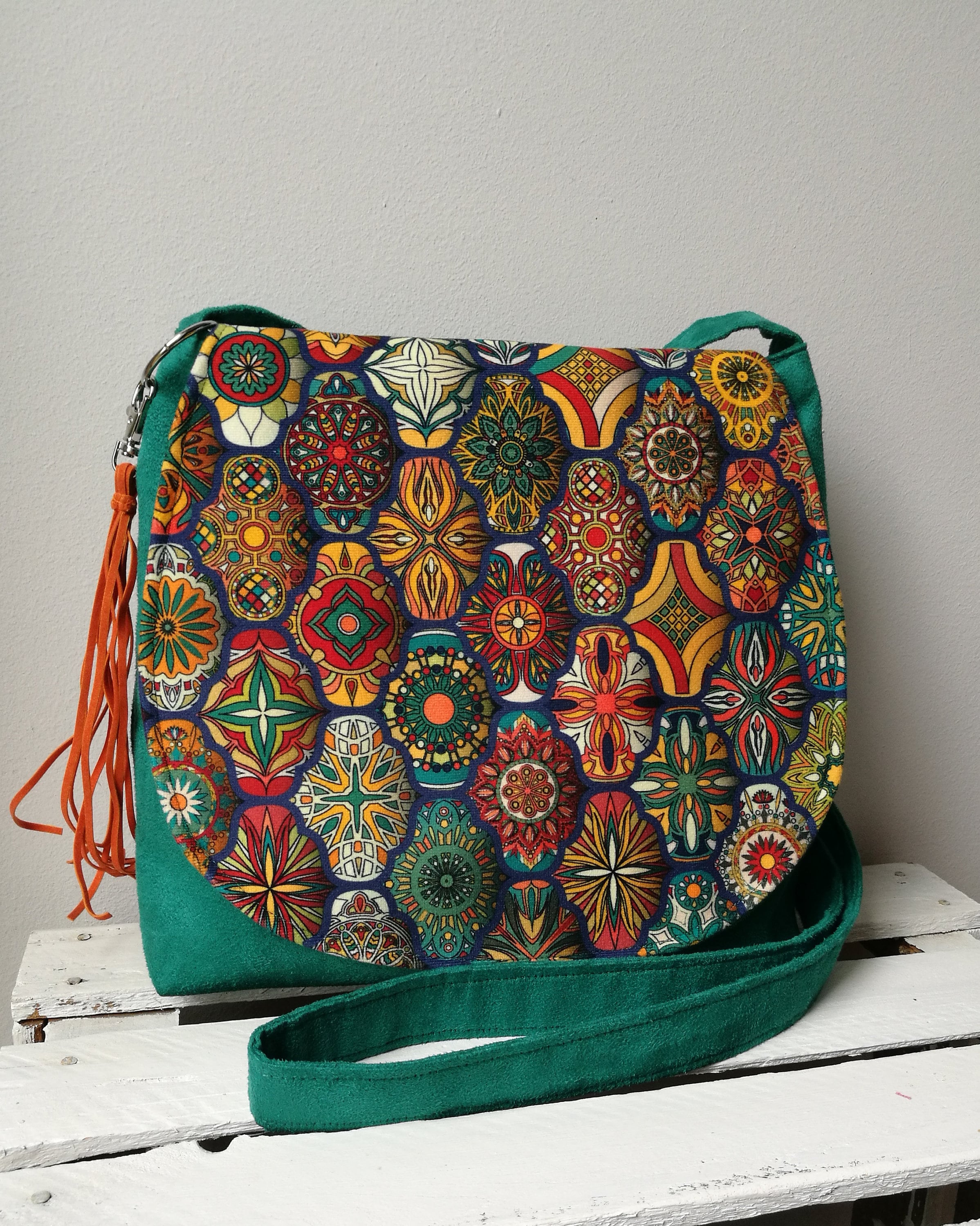 Hippie Crossbody Bag Large size Top Zip Cotton Sling Bag Jacquard cloth  Handmade Bags