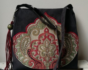 Black Oriental Jacquard Messenger Bag: Vegan Suede, Handmade Tassel Sling Purse