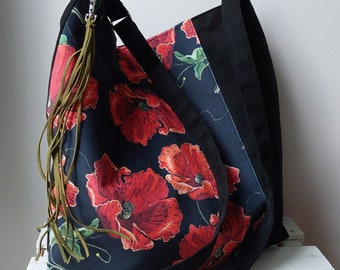 Large schoulder bag with popies, All day carry bag, Floral bag, Ethical fashion, Vegan eco bag,Zipped, Artisan made,Womens gift idea