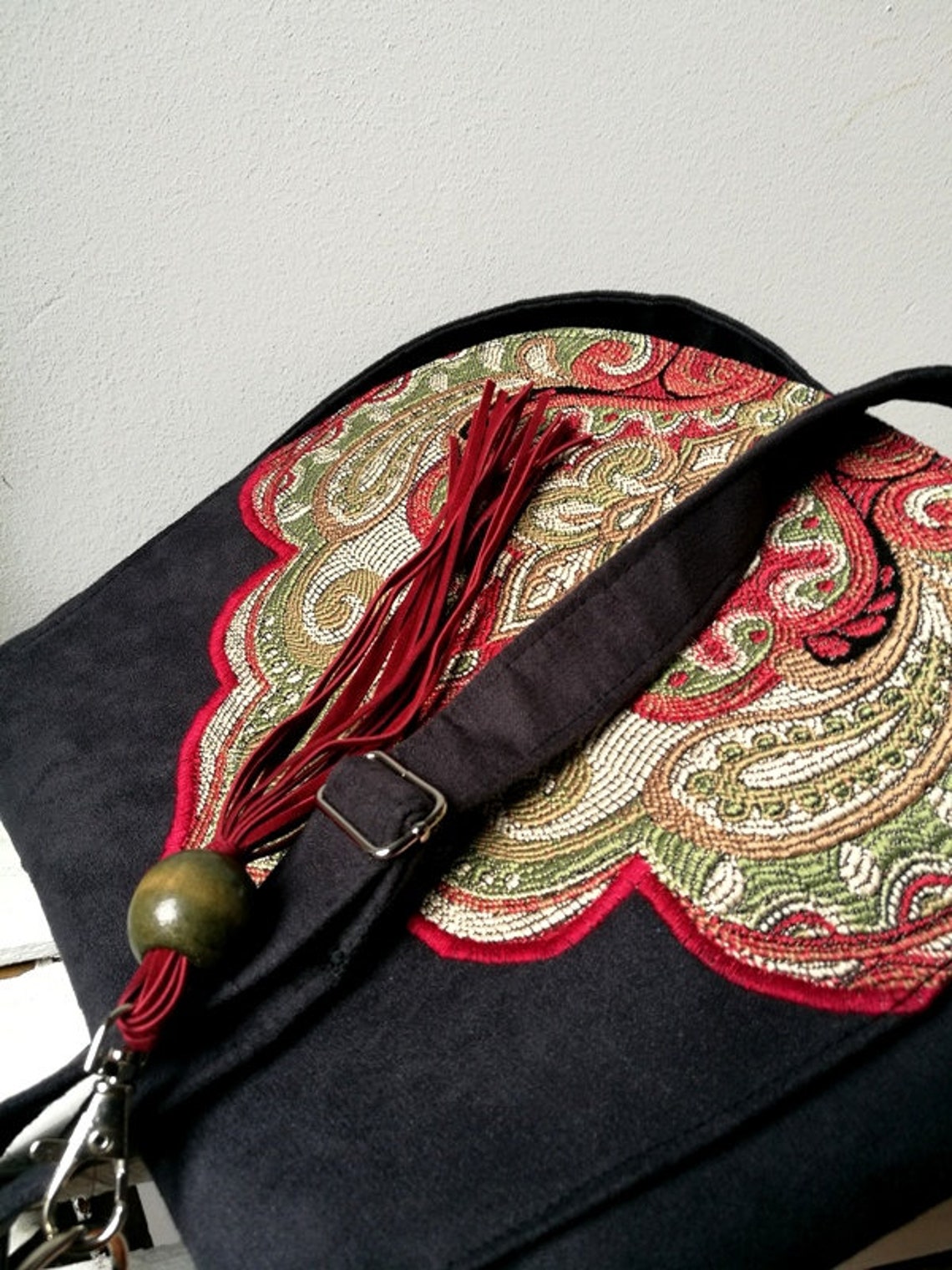 Black oriental bag Vegan boho bag Boho messenger bag Hippie | Etsy