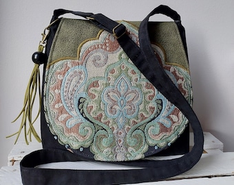 Black and green shoulder bag, Oriental crossbody bag, Messenger bag, Vegan bag, Oriental purse, Medium sized bag, Unique clothing accessory