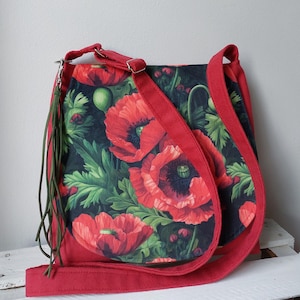 Sac de taille moyenne décoré de coquelicots, Sac à bandoulière écologique, Accessoire vestimentaire unique, Cadeau pour les amateurs de fleurs, Mode éthique