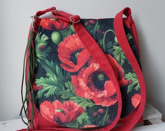 Handmade Poppy Print Crossbody Bag, Vegan Suede, Ethical Fashion