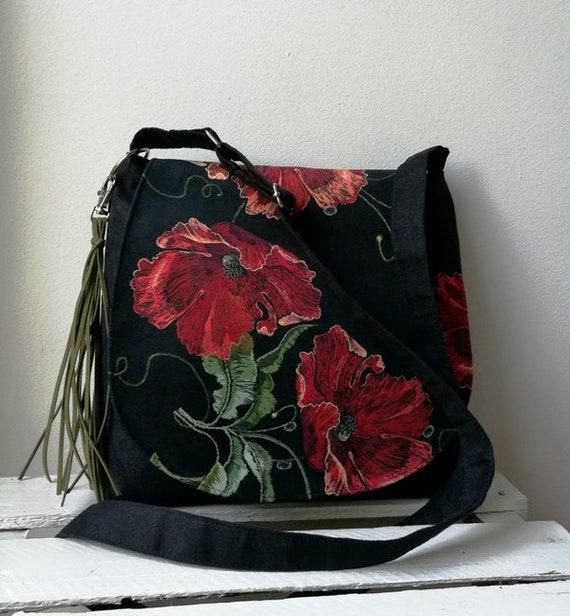 Black Bag With Poppies Floral Messenger Bag Vegan Crossbody Bag Tassel Bag Medium Sized Bag Sling Crossbody Bag Floral Purse Boho Bag Etsy
