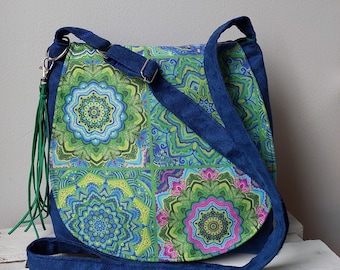 Blue mandala bag, hippie bag, boho messenger bag, tassel bag, vegan crossbody bag, medium sized bag, boho chic bag, colored messenger bag