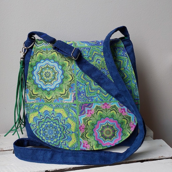 Blue mandala bag, hippie bag, boho messenger bag, tassel bag, vegan crossbody bag, medium sized bag, boho chic bag, colored messenger bag