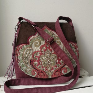 Lila und braune orientalische Tasche, orientalische Geldbörse, Boho-Stil Tasche, vegane Messenger-Tasche, mittelgroße Tasche, Hippie-Tasche