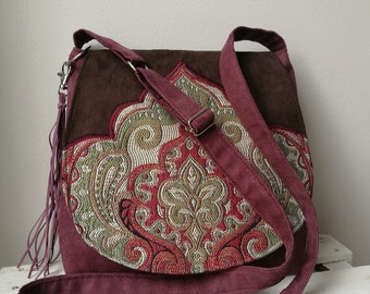 Purple and brown oriental bag, oriental purse, boho style bag, vegan messenger bag, sling crossbody bag, medium sized bag, hippie bag