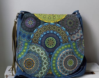 Blue hippie bag, Medium sized bag, Boho style purse, Eco friendly crossbody bag, Hippie girl gift, Mandala print, Hippie clothing accessory