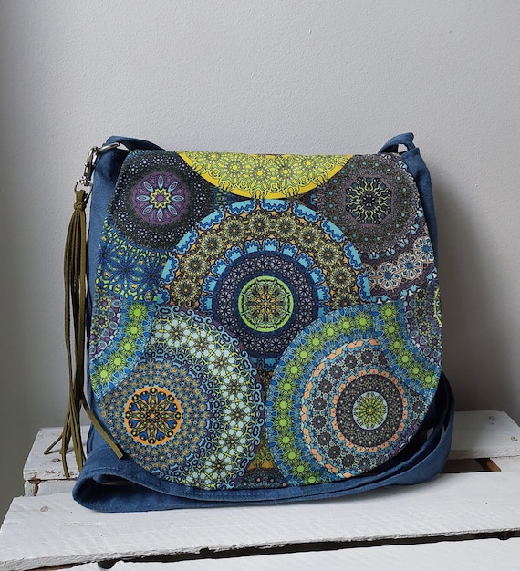 Blue hippie bag, Medium sized bag, Boho style purse, Eco friendly crossbody bag, Hippie girl gift, Mandala print, Hippie clothing accessory