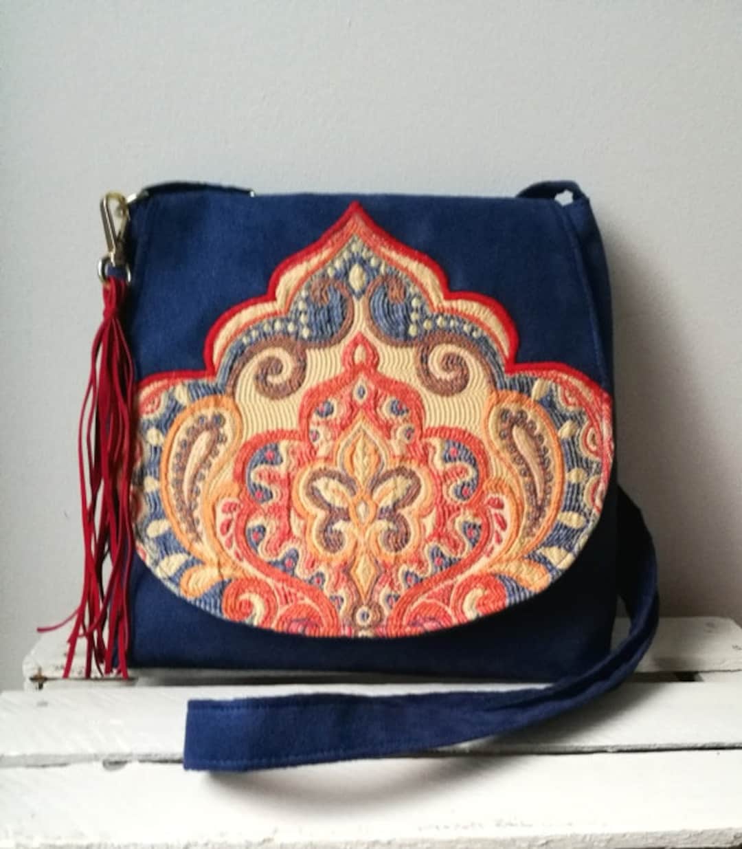 Navy Oriental Bag Boho Messenger Bag Vegan Crossbody Bag Etsy