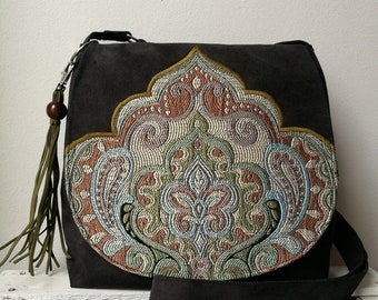 Black oriental bag Boho bag Vegan messenger bag Oriental purse Evening bag Sling crossbody bag  Medium sized bag Christmas gift idea