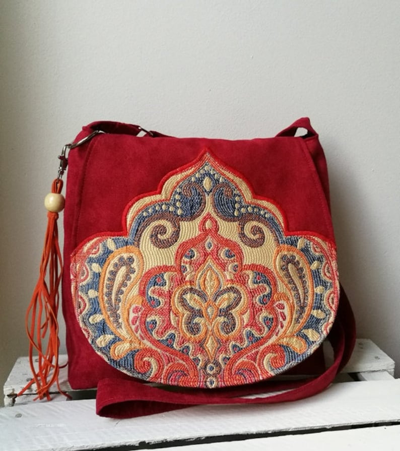 Red Oriental Bag Boho Crossbody Bag Vegan Messenger Bag Sling Etsy