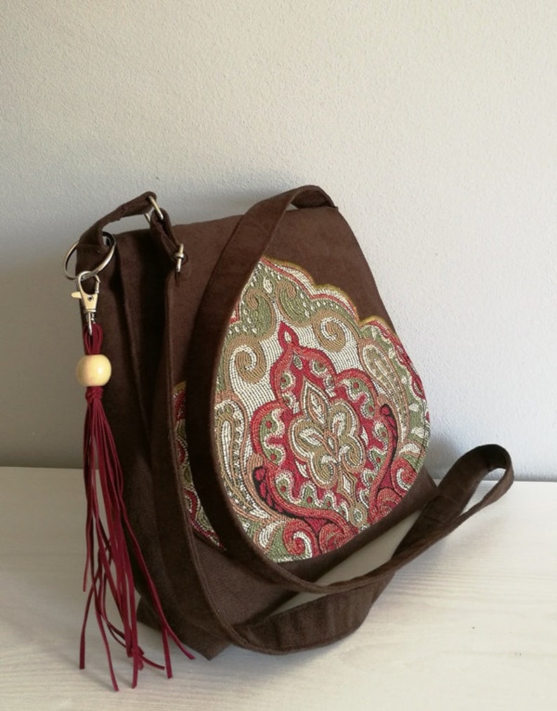 Brown oriental bag Brown messenger bag Boho messenger bag Etsy