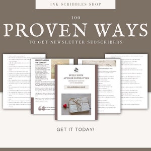May include: A digital download guide titled "100 Proven Ways to Get Newsletter Subscribers" with a vintage aesthetic. The guide is from Ink Scribbles Shop and features a red heart and a vintage envelope.
