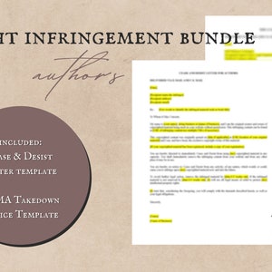 May include: A digital download bundle for authors, including a cease and desist letter template and a DMCA takedown notice template. The bundle is designed to help authors protect their intellectual property.