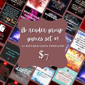 Puede incluir: Un conjunto de 20 plantillas de Canva editables para juegos de grupos de lectores de Facebook. Las plantillas presentan una variedad de temas, que incluyen Halloween, libros y diversión general. El texto "fb reader group games set #1" se muestra en una fuente grande sobre un fondo marrón. El precio se indica como 7 €.