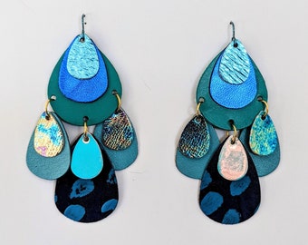 Statement Earrings, Leather Statement Earrings, Big Earrings, Blue Earrings, Sustainable fashion