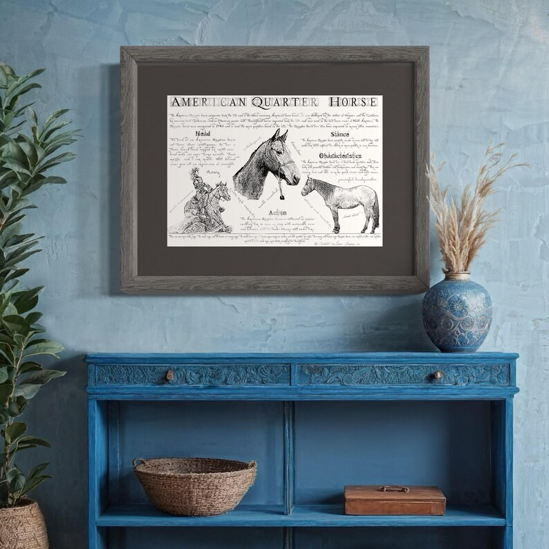 Puede incluir: Una ilustraci&oacute;n en blanco y negro de un caballo American Quarter Horse con texto que describe las caracter&iacute;sticas de la raza, incluyendo su tama&ntilde;o, construcci&oacute;n y temperamento. El texto est&aacute; titulado "American Quarter Horse".