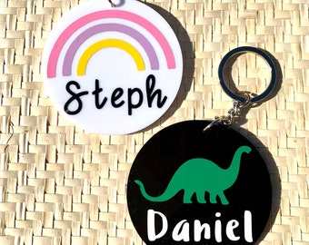 Personalised Key Ring // Bag Tag //Back To School // Custom // Gift // Acrylic // Dinosaur // Rainbow // Name