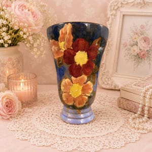 Royal Doulton Wild Rose (Roses G) Series Vase c.1940s Cobalt Blue & Floral Pattern D6227 Flared Rim Trumpet Vase Shape Number 8106
