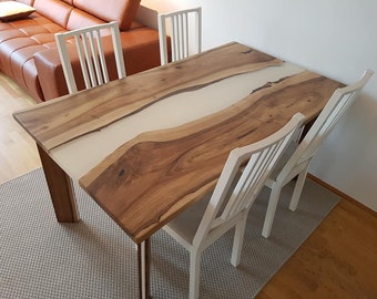 Walnut River Dining Table: Live Edge Wood with Clear Resin