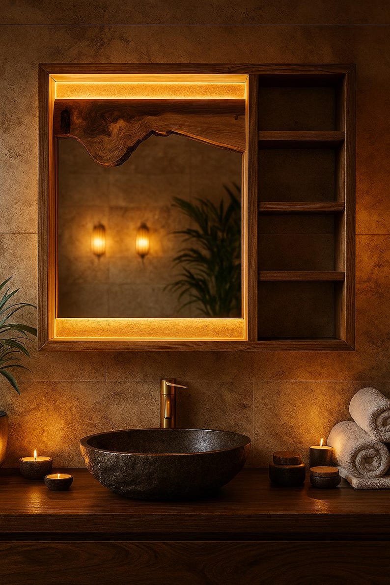 Puede incluir: Espejo de ba&ntilde;o con marco de madera con iluminaci&oacute;n integrada y una unidad de estanter&iacute;a incorporada. El espejo est&aacute; sobre un lavabo de piedra oscura con un grifo dorado. La escena est&aacute; iluminada por una iluminaci&oacute;n c&aacute;lida.