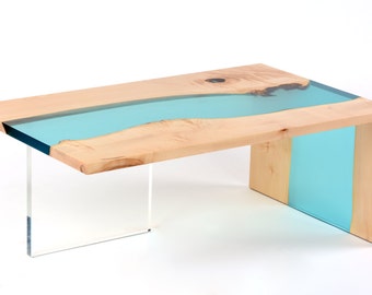 Live Edge River Coffee Table, Waterfall Resin Wood Table