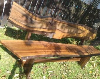 Live edge bench with back