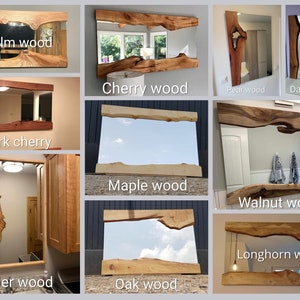 Puede incluir: Un collage de 10 espejos con marcos de madera diferentes. Cada espejo est&aacute; hecho de un tipo de madera diferente, incluyendo olmo, cerezo, pera, nogal oscuro, cerezo oscuro, arce, nogal, longhorn, aliso y roble. Los espejos son todos de diferentes tama&ntilde;os y formas, pero todos tienen un aspecto r&uacute;stico y natural.